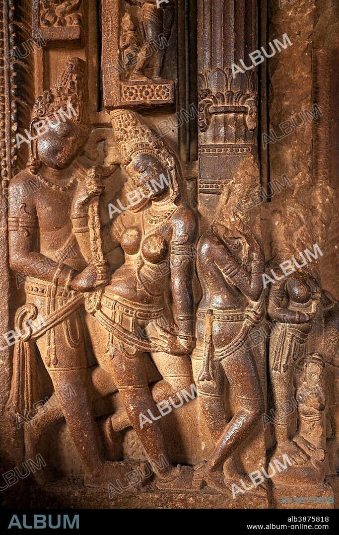 Hindu statues from the time of the Chalukya Empire in a temple at Aihole, Karnataka, India, Asia.