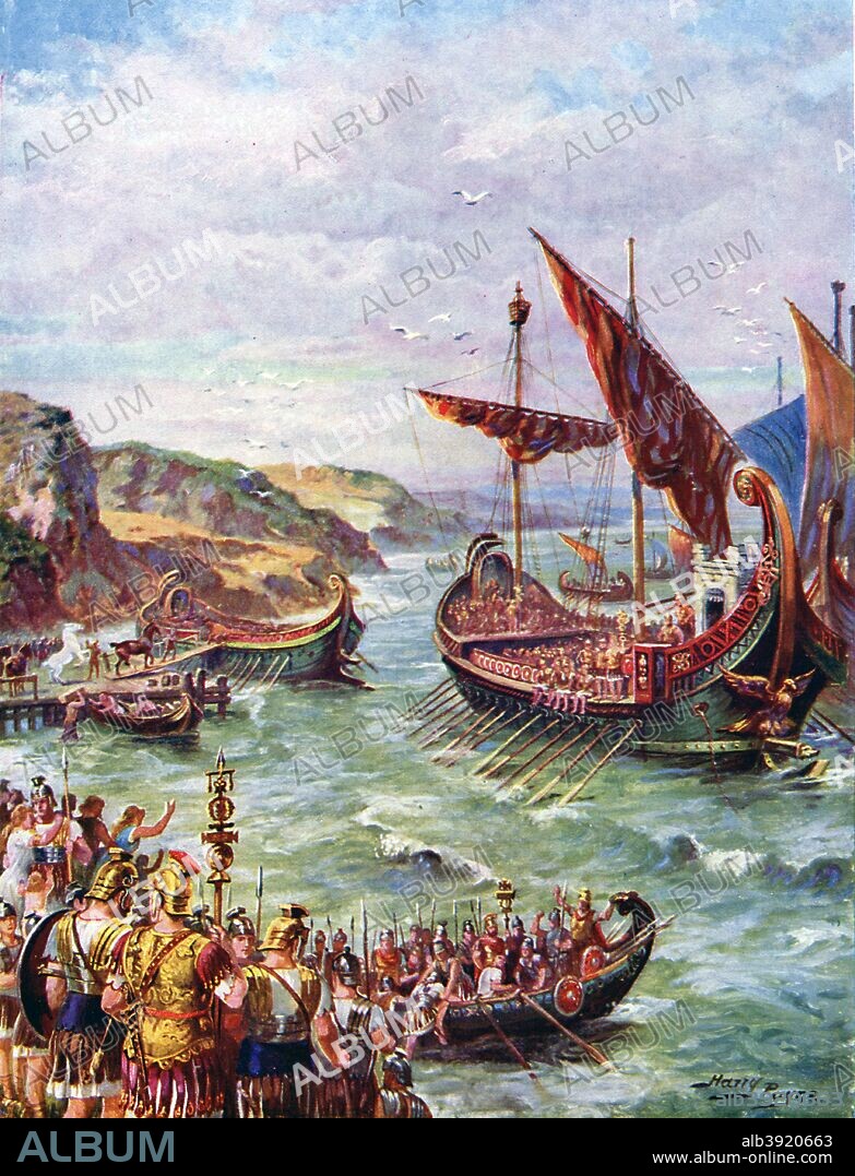 HARRY PAYNE. Departure of the Romans from Britain after the sacking of Rome in 410 AD, (c1920). Illustration from "Story of the British Nation", Volume I, by Walter Hutchinson, (London, c1920s).