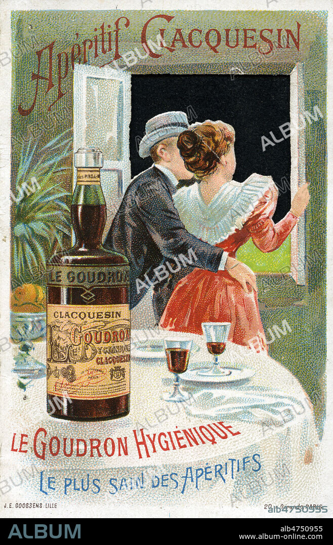 'Aperitif Clacquesin. Le goudron hygienique, le plus sain des aperitifs'. Chromo publicitaire vers 1890. Illustration anonyme. Credit : Collection IM/KHARBINE-TAPABOR.