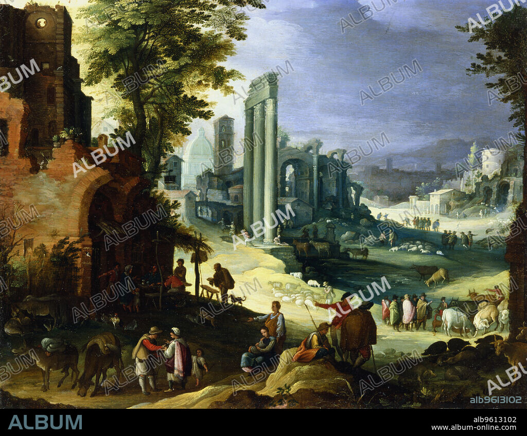 PAUL BRILL. 'Fanciful view of Forum, Rome, with ruins of temple of Castor and Pollux and the Basilica of Maximus', c1574-1626.