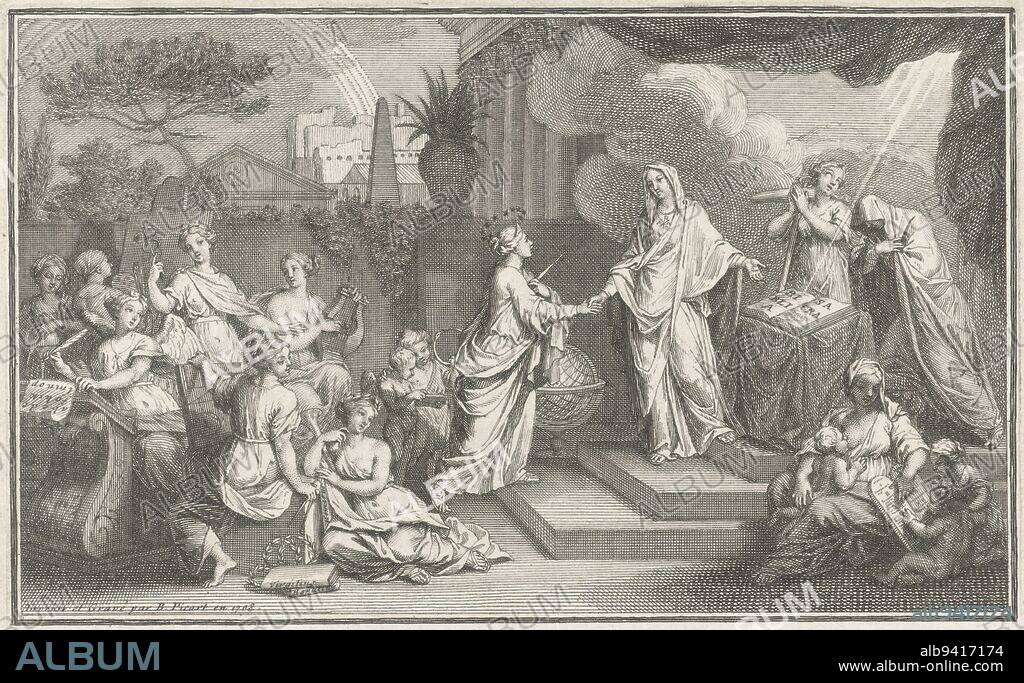 The personified Philosophy, with a wreath of stars above the head, shakes the hand of Religion, who points to the Bible. Behind them are Hope (Spes) and Faith (Fides). To the right in the foreground Love (Caritas) pointing children to the tablets of the law. On the left the female personifications of the seven liberal arts. With blank margin. Allegorical depiction of the similarity between religion and philosophy, or faith and reason, print maker: Bernard Picart, (mentioned on object), Bernard Picart, (mentioned on object), Paris, 1708, paper, etching, engraving, h 102 mm × w 153 mm.