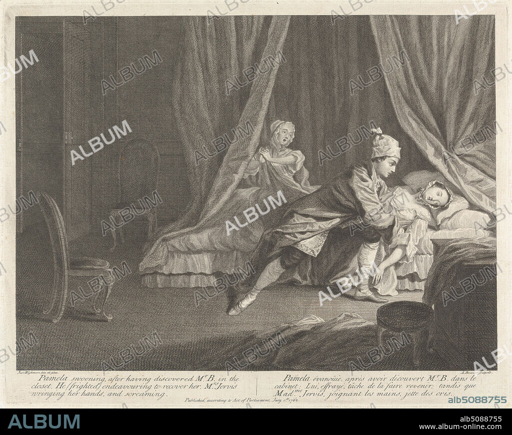 Illustrations to Samuel Richardson's 'The Life of Pamela', illustrated by Joseph Highmore, Guillaume Philippe Benoist, 1725ca. 1770, French, after Joseph Highmore, 16921780, British, 1762, Engraving, Plate: 11 3/4 x 14 13/16in. (29.8 x 37.6cm) and Sheet: 14 3/16 x 18 3/8in. (36 x 46.7cm), bed, genre subject, ladies, swooning.