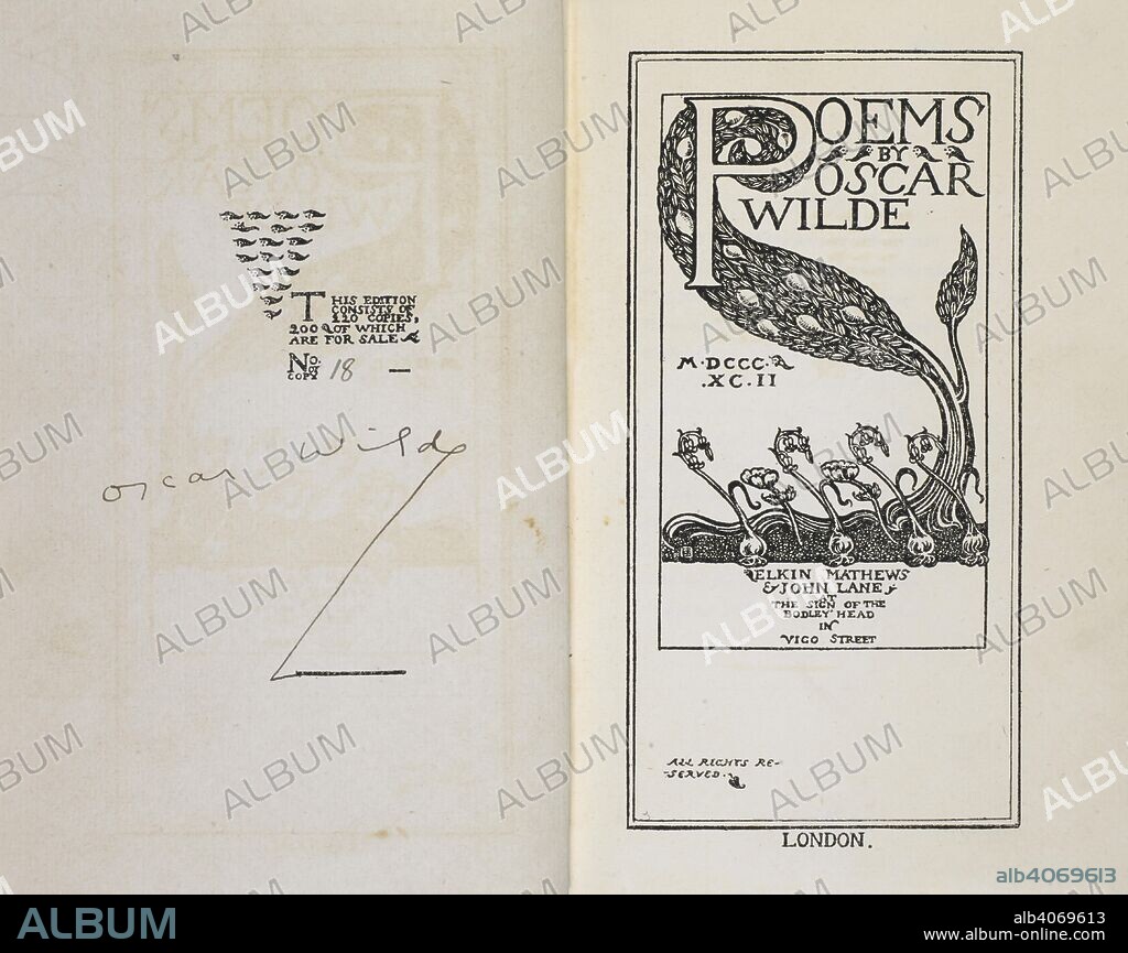 OSCAR FINGAL O'FLAHERTIE WILLS WILDE. Signature of Oscar Wilde and an illustrated title page. Poems By Oscar Wilde. London: Elkin Mathews & John Lane ..., 1892 Chiswick Press - C. Whittingham & Co. Source: Eccles 354 frontispiece and title-page.