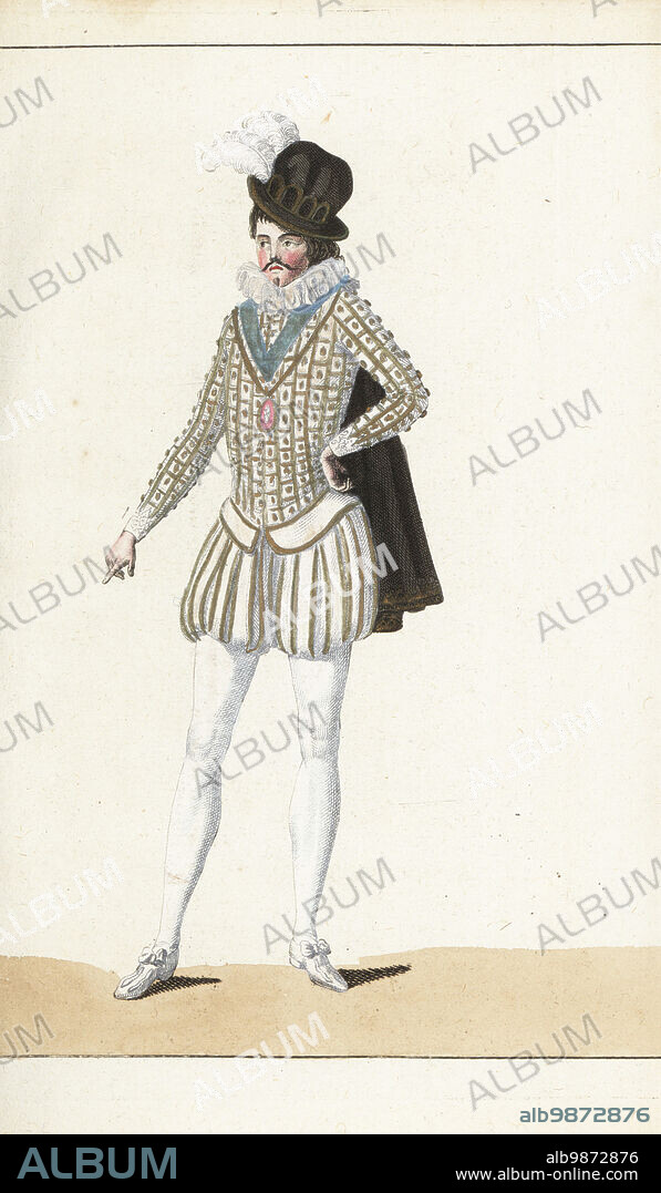 King Charles IX of France. In black velvet hat with white plumes, black hair unpowdered, beard a l'escopette. Lace ruff collar, blue sash, gold chain, black velvet cape, satin doublet and breeches decorated with gold braid, silk hose, satin shoes. Handcoloured copperplate engraving from Jean-Antoine le Brun or Lebrun-Tossas Journal de la Mode et du Gout, previously Cabinet des Modes, Chez Buisson, Paris, and Joseph le Boffe, London, 5me Cahier, 5 April 1790.