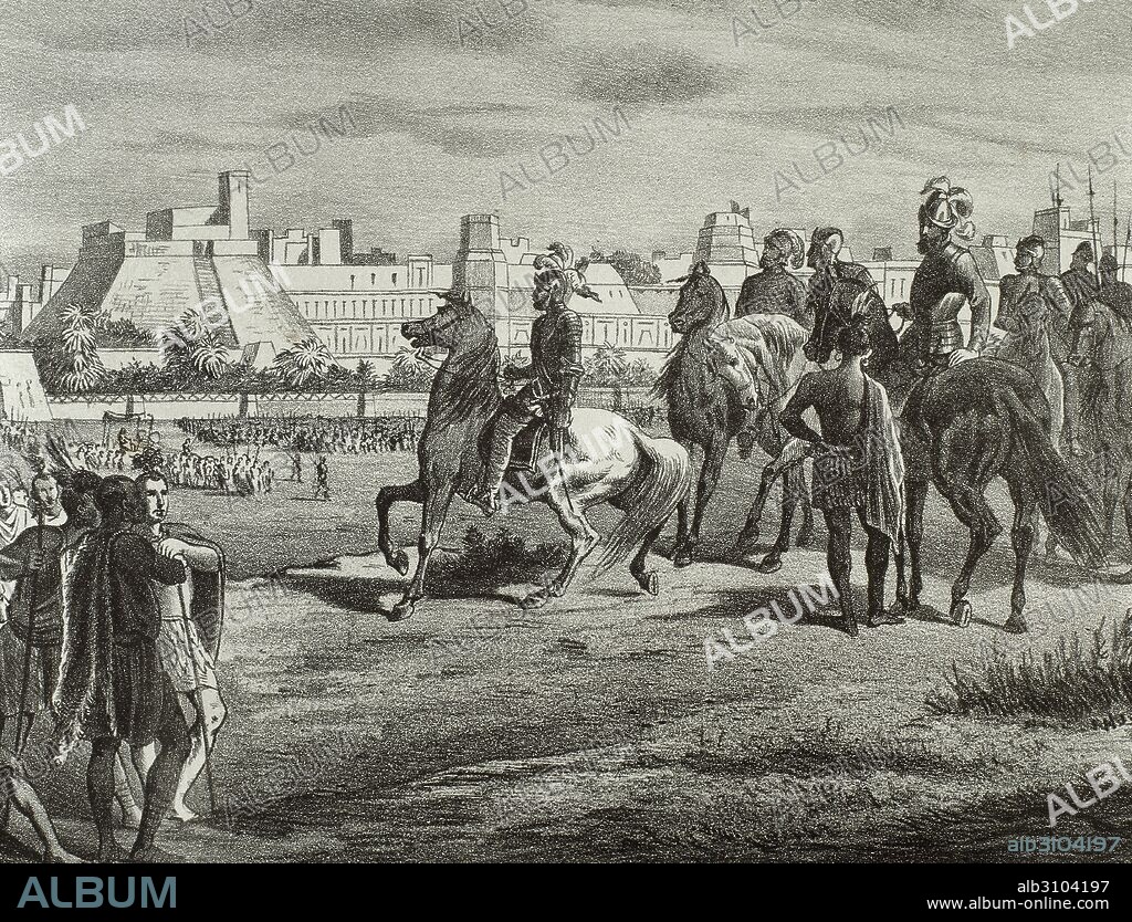 Conquest of Mexico, 1519. Moctezuma II (c. 1466-1520), ninth tlatoani or ruler of Tenochtitlan, comes to receive Hernan Cortes (1488-1547), Spanish conqueror of Mexico. Engraving. 19th century.