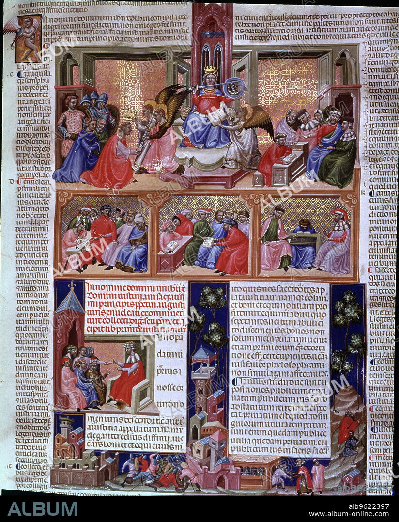 Cover with different scenes. Miniature in 'Codex Justinian Institutiones Feudorum et Alia', c.1300.