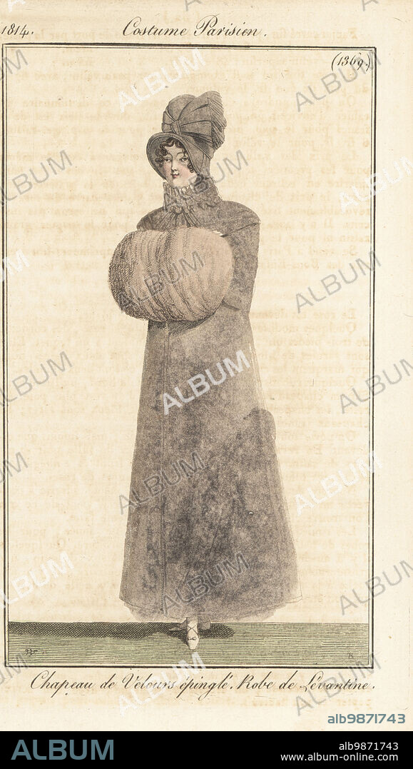 Fashionable woman in hat of terry velvet, dress of twilled silk Levantine, holding a fur muff. Chapeau de velours epingle, robe de Levantine. Handcoloured copperplate engraving by Jean Charles Baquoy after a fashion plate by Horace Vernet from Pierre de la Mesangeres Journal des Dames et des Modes, Magazine of Women and Fashion, Paris, 1814.