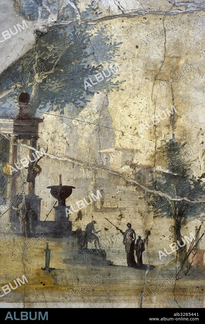Roman fresco depicting a mythological landscape. Cubiculum of the Village of Agrippa Postumus. 20 BC-10 AD. Third Pompeian Style. Boscotrecase, near Pompeii. National Archaeological Museum. Naples. Italy.