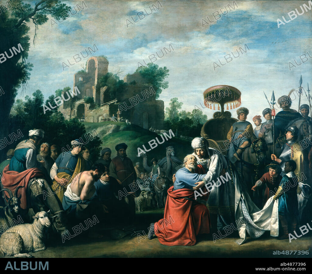 Claes Cornelisz. Moeyaert, The Meeting of Jacob and Joseph in Egypt, 1636, oil on canvas, 54 in. x 64 3/4 in. (137.2 cm. x 164.5 cm.), A leading Roman Catholic artist in Amsterdam, Moeyaert often painted historical recreations of Biblical subjects and is among a group of Dutch painters now known as the Pre-Rembrandtists. Scenes from the Old Testament were popular in Amsterdam because they included tests of virtue and faith, particularly around the theme of family. In the book of Genesis, Joseph was the favorite son of the patriarch Jacob. Sold by his brothers into slavery, Joseph eventually rose by virtue of talents to great power in Egypt, where years later he revealed himself to his brothers, forgave them, and brought Jacob and all his family to Egypt. Moeyaert's prior work painting stage decorations for theatrical productions and his studies of animals allowed him to portray this emotional moment of reconciliation within a fully elaborated setting. The complex of Roman ruins in the background is likely of Moeyaert's own invention, as there is no evidence he ever visited Italy.