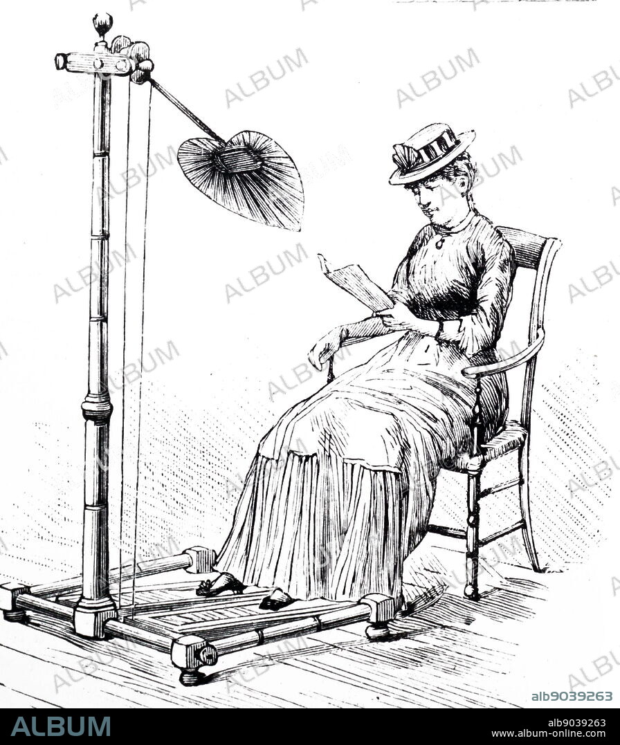 An engraving depicting a woman using a pedal operated punkah type ventilator to keep herself cool. Dated 19th century.