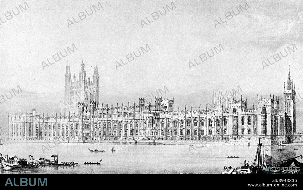 One of Barry's design for the new Houses of Parliament, 21 May 1836, (c1920). Architect Charles Barry's (1795-1860) new Houses of Parliament were opened in 1860 after the previous building was burnt down in 1834. Illustration from Story of the British Nation, Volume III, Walter Hutchinson, (London, c1920s).