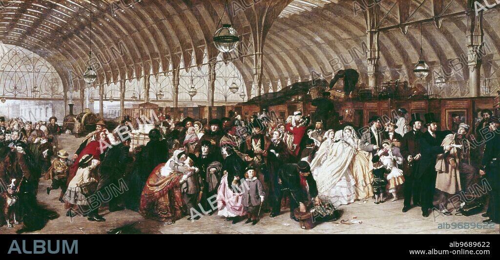 The Railway Station, 1863 (oil on canvas). by Frith. Frith, William Powell (1819-1909). In the Royal Holloway College. New Walk Museum, Leicester City Museum. William Powell Frith (January 19, 1819 - November 9, 1909), was an English painter specialising in portraits and Victorian era narratives, who was elected to the Royal Academy in 1852. ©TopFoto.
