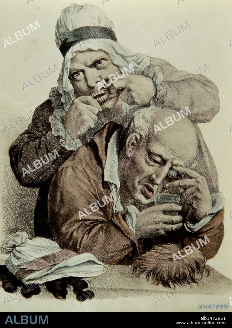 HISTORIA DE LA MEDICINA. SIGLO XIX. ODONTOLOGIA. Ojo y dentadura postiza. Grabado coloreado. París, 1825.