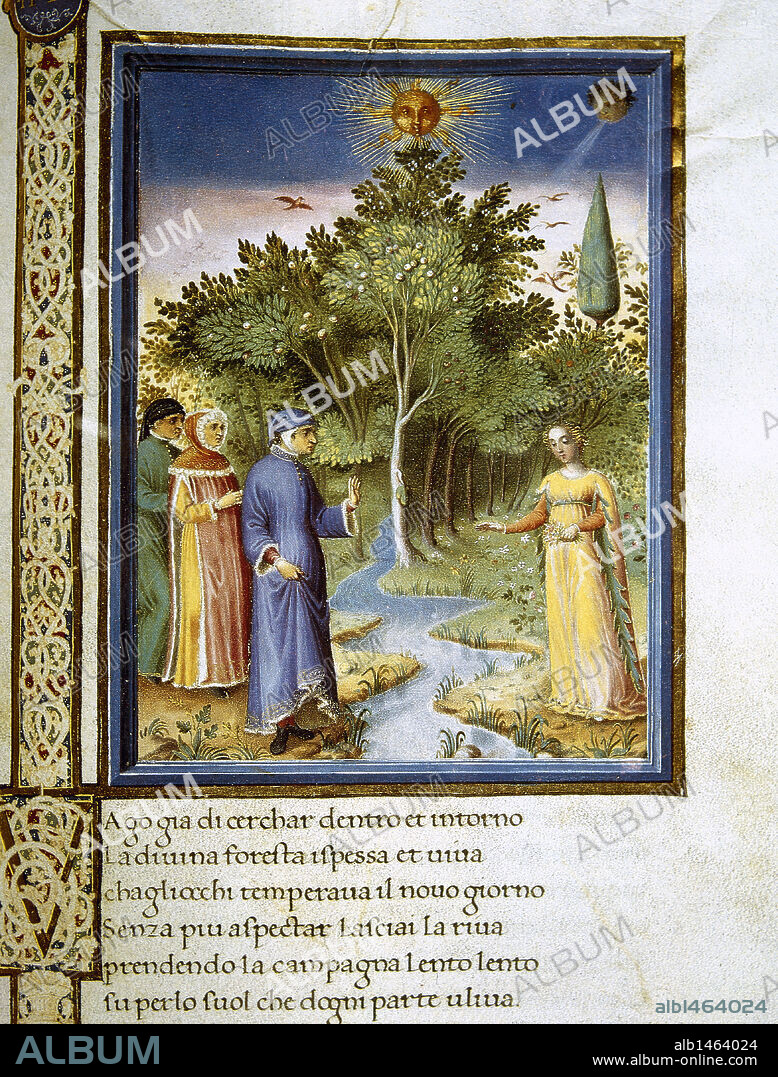 "LA DIVINA COMEDIA". Poema escrito en toscano donde se relata el viaje de su autor DANTE ALIGHIERI para llegar a la contemplación divina, acompañado primero por Virgilio y luego por Beatriz. Se divide en tres cántigas: INFIERNO, PURGATORIO y PARAISO. Miniatura del folio 177 r. (1480-1482) con DANTE Y VIRGILIO EN EL PURGATORIO. Biblioteca Apostólica Vaticana.