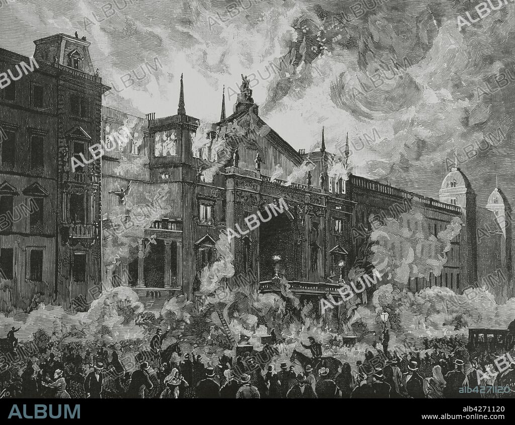 Austria, Vienna. Fire at the Ringtheater on December 8, 1881. The building's appearance at 9 pm when the main facade was on fire. Illustration by Nao. Engraving by Rico. La Ilustracion Espa–ola y Americana, 1881.