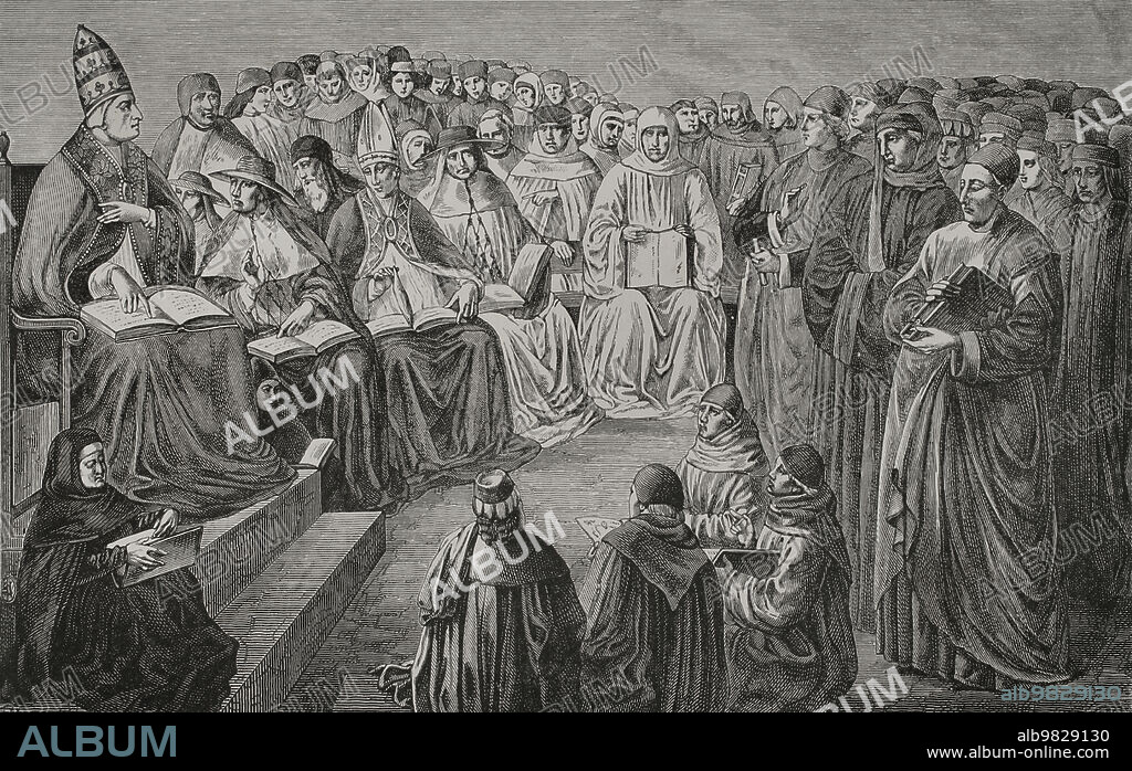 Asamblea de prelados y doctores de la iglesia celebrada en Anagni (Italia) en 1256. Presidida por el Papa Alejandro IV (1199-1261). Santo Tomás de Aquino (1225-1274) defendiendo a las órdenes mendicantes, atacadas por la Universidad de París, y refutando victoriosamente las afirmaciones del teólogo francés Guillermo de Saint-Amour (1202-1272). Santo Tomás es mostrado de espaldas y teniendo a su derecha a San Buenaventura, sentado en primer plano. Grabado por Huyot a partir de una pintura de Benozzo Gozzoli (1420-1497). "Vie Militaire et Religieuse au Moyen Age et à l'Epoque de la Renaissance". París, 1877.