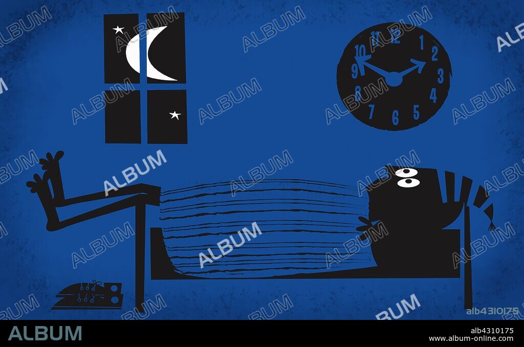 Sleepless wide-eyed man laying in bed at night.