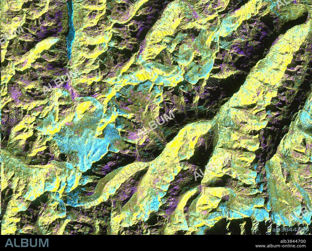 This is a digital elevation model that was geometrically coded directly onto an X-band seasonal change image of the Oetztal supersite in Austria. The image is centered at 46.82 degrees north latitude and 10.79 degrees east longitude. This image is located in the Central Alps at the border between Switzerland, Italy and Austria, 50 kilometers (31 miles) southwest of Innsbruck. It was acquired by the Spaceborne Imaging Radar-C/X-band Synthetic Aperture aboard the space shuttle Endeavour on April 14, 1994 and on October 5, 1994. It was produced by combining data from these two different data sets. Data obtained in April is green; data obtained in October appears in red and blue, and was used as an enhancement based on the ratio of the two data sets. Areas with a decrease in backscatter from April to October appear in light blue (cyan), such as the large Gepatschferner glacier seen at the left of the image center, and most of the other glaciers in this view.