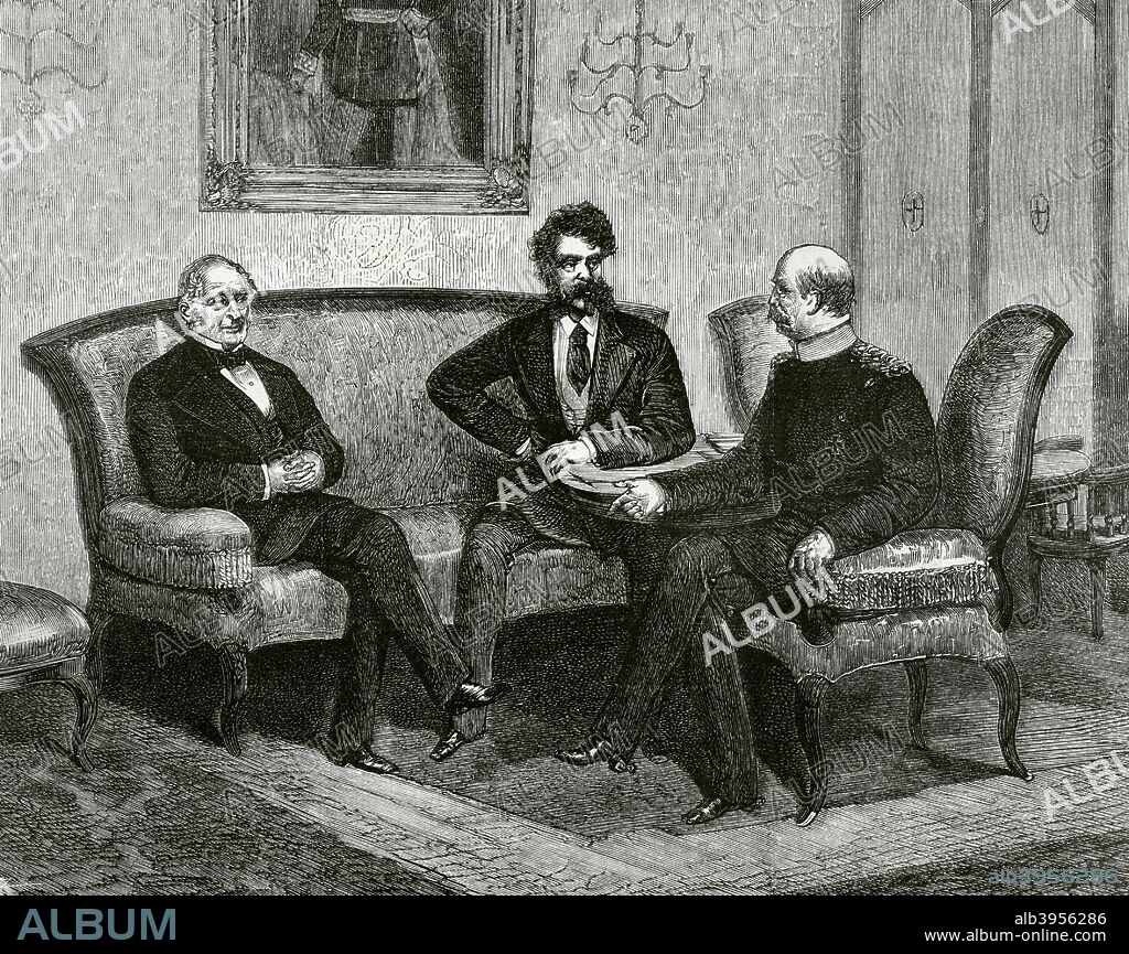 Germany, Berlin. Conference between the chancellors of the three northern empires about the Eastern Question. From left to right: Russian prince Alexander Gorchakov (1798-1883), Hungarian count Gyula Andrassy (1823-1890) and German prince Otto von Bismarck (1815-1898). Engraving. La Ilustracion Espa–ola y Americana, June 22, 1876.
