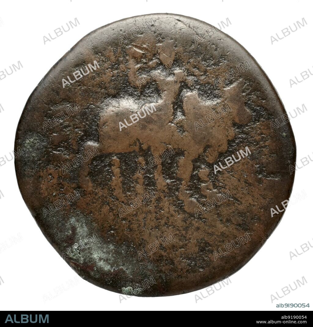 Afghanistan, Pakistan and northern India: A bronze coin of Emperor Vima Kadphises (c. 113 - 127 CE), ruler of the Kushan Empire (30 CE - 350 CE). Obverse. The Kushan Empire was originally formed in the early 1st century CE under Prince Kujula Kadphises in the territories of ancient Bactria on either side of the Oxus River in what is now northern Afghanistan, southern Tajikistan and Uzbekistan.