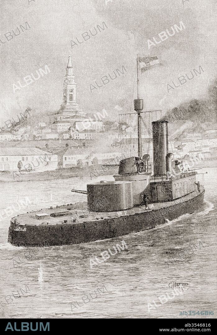 The bombardment of Belgrade, Serbia, by an Austrian Monitor during World War One. From The History of the Great War, published c. 1919.