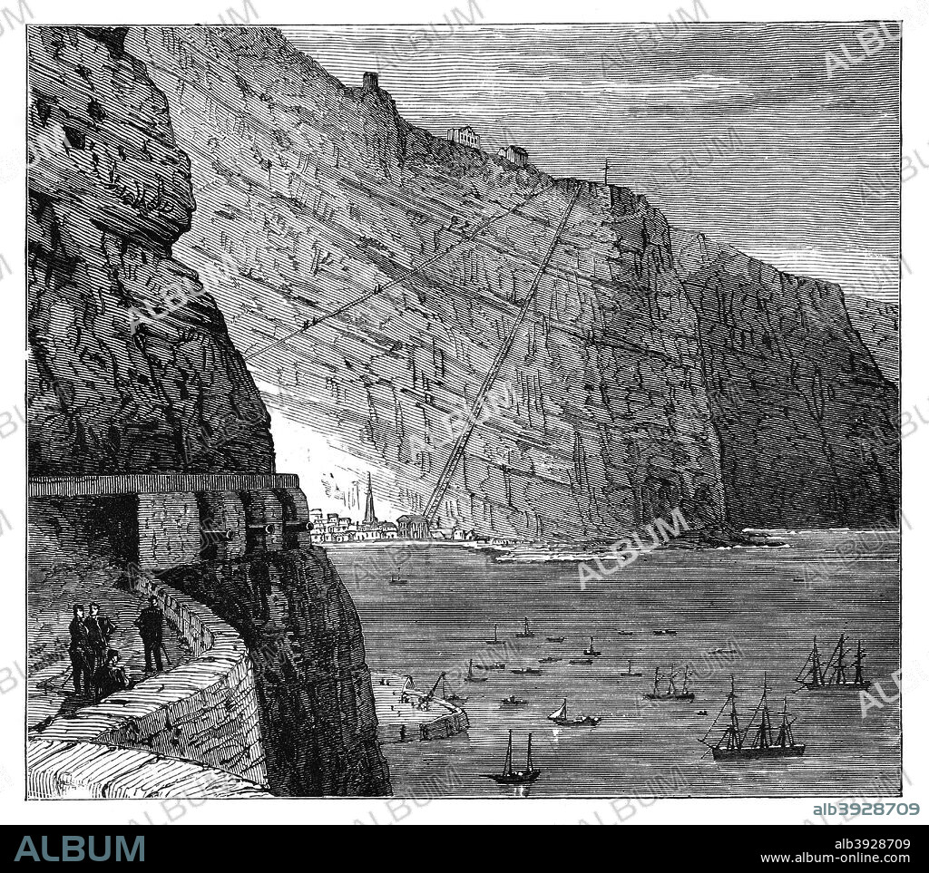 Jacob's Ladder leading to Munden's Battery, Jamestown, Saint Helena, c1890. Jacob's Ladder is a long Inclined Plane, constructed in 1829 to connect Jamestown to the garrison on Ladder Hill. It was used to haul ammunition. An engraving from Robert Brown's The Countries of the World, published by Cassell, (London & Paris, c1890).