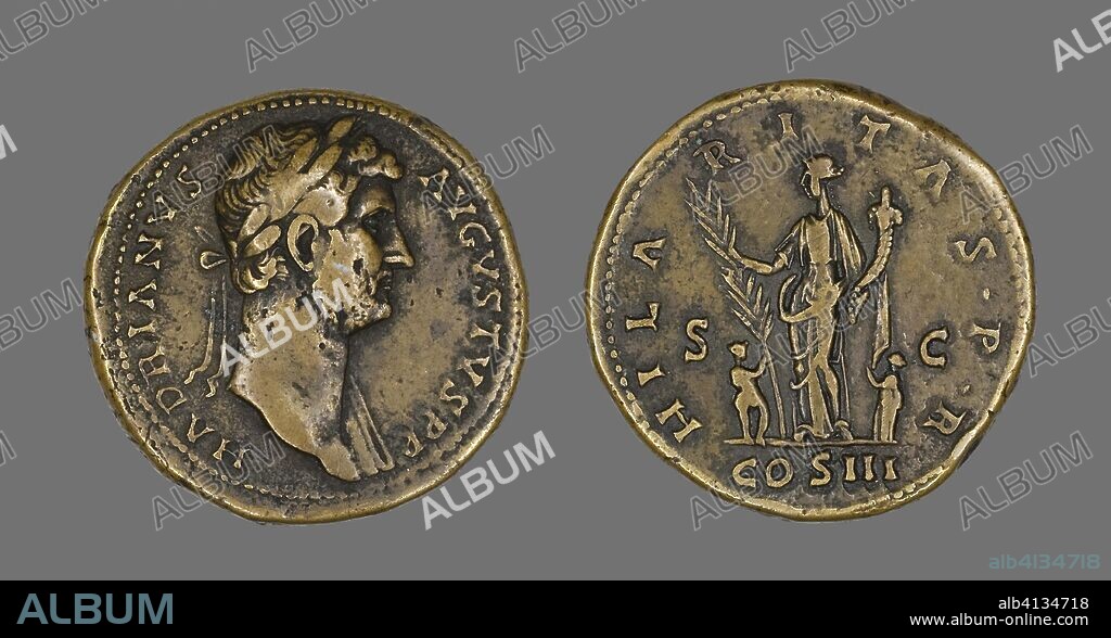 ANCIENT ROMAN. Coin Portraying Emperor Hadrian. Roman. Date: 117 AD-138 AD. Dimensions: Diam. 3.4 cm; 28.45 g. Bronze. Origin: Roman Empire.