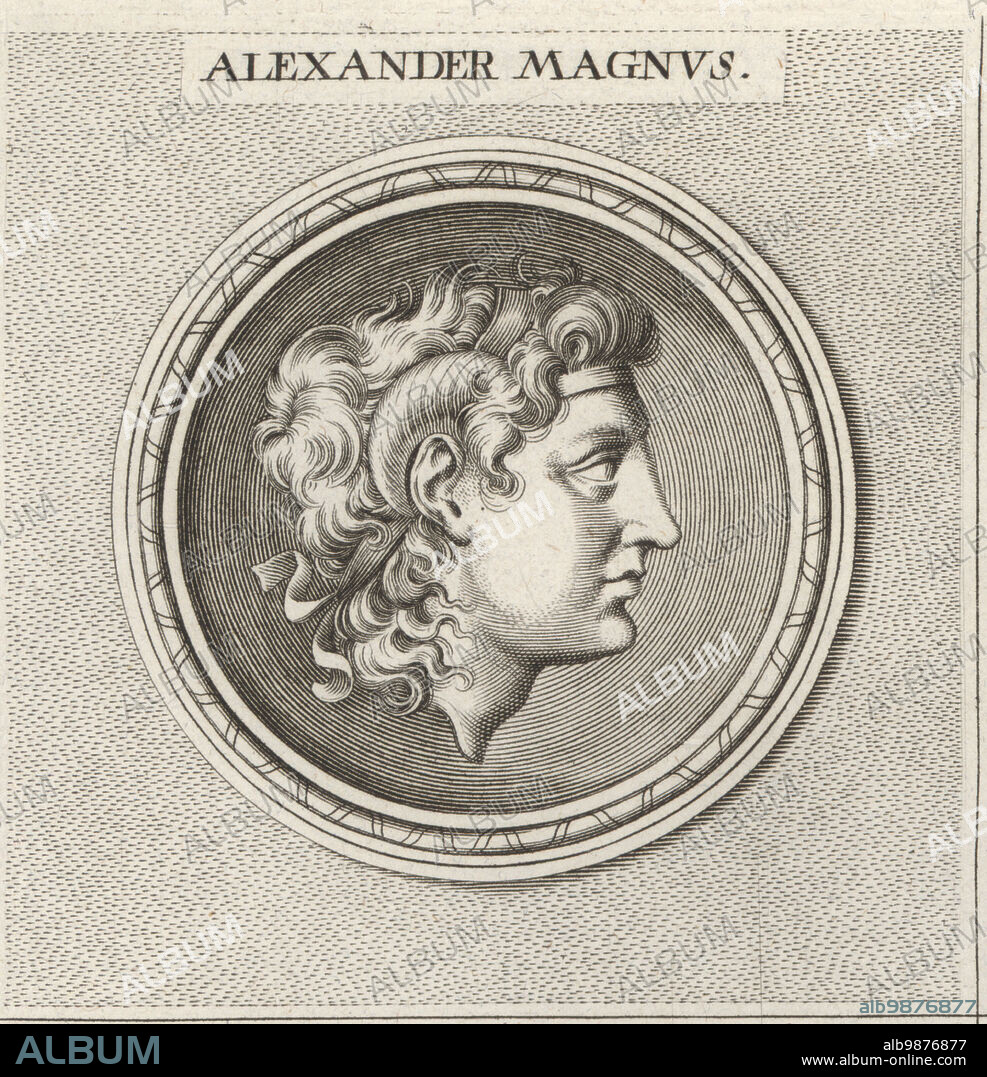 Alexander III of Macedon or Alexander the Great, king of the ancient Greek kingdom of Macedon, 356-323 BC. Head of youth with diadem and horns of Ammon. Alexander Magnus. Copperplate engraving after an illustration by Joachim von Sandrart from his LAcademia Todesca, della Architectura, Scultura & Pittura, oder Teutsche Academie, der Edlen Bau- Bild- und Mahlerey-Kunste, German Academy of Architecture, Sculpture and Painting, Jacob von Sandrart, Nuremberg, 1675.