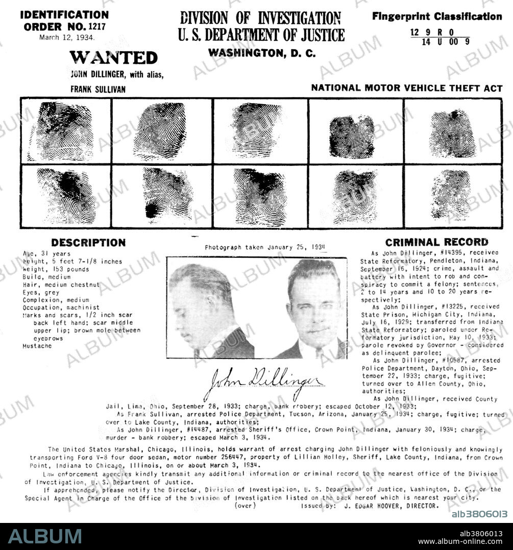 John Herbert Dillinger (June 22, 1903 - July 22, 1934) was an American gangster in the Depression-era United States accused of robbing 24 banks and four police stations. In the heyday of the Depression-era outlaw Dillinger was the most notorious of all. He courted publicity, styling himself as a Robin Hood figure, and the media of his time ran accounts of his bravado and colorful personality. In response, the Director of the Bureau of Investigation, J. Edgar Hoover, developed a more sophisticated Federal Bureau of Investigation as a weapon against organized crime. After evading police in four states for almost a year, Dillinger was wounded and returned to his father's home to recover. On July 22, 1934 the police and Division of Investigation closed in on the Biograph Theater. Federal agents, led by Melvin Purvis and Samuel P. Cowley, moved to arrest Dillinger as he exited the theater. He pulled a weapon and attempted to flee but was shot four times and killed. He was 31 years old.