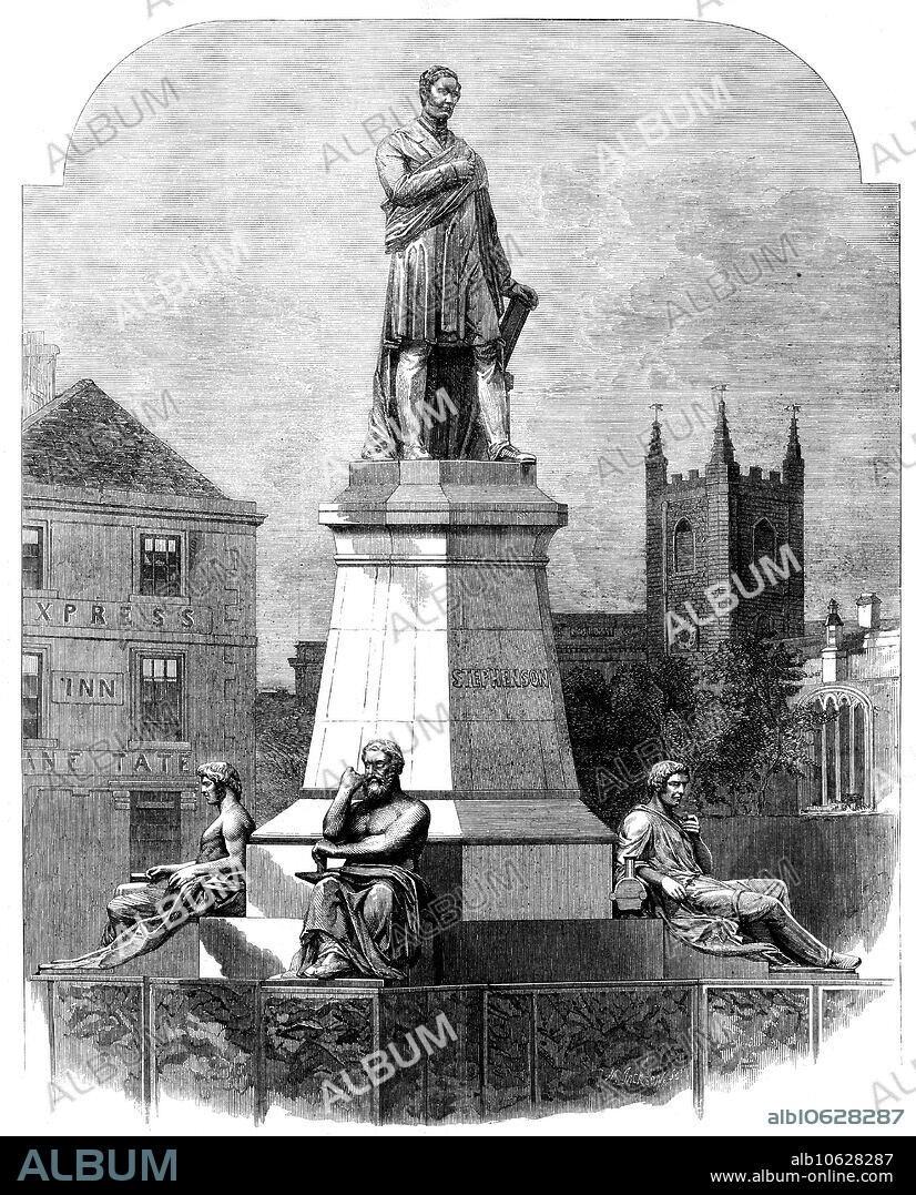 MASON JACKSON. The Monument to George Stephenson at Newcastle-on-Tyne, 1862. '...a striking work of art, by Mr. John Graham Lough...It has been erected by public subscription in Neville-street...adjoining the Central Railway Station, and overlooking the busy thoroughfares of Westgate-street and Collingwood-street, up and down the former of which hundreds of workmen employed at Mr. E. Stephenson's engine-factory pass three times a day...On the top of [the] pedestal, rising to a height of 30ft. above the ground, is placed the statue...The great engineer is represented standing in easy but dignified attitude...Grace is given to the modern costume by the Northumbrian plaid, which Stephenson was accustomed to wear, being skilfully combined by the artist with the ordinary frock-coat. The subsidiary figures...[consist of] a blacksmith...naked to the waist...[leaning] against an anvil, while the right hand grasps a hammer; a pitman, holding in his hand...Stephenson's well-known "Geordie" lamp; a platelayer, holding...a model of Stephenson's old "fish-bellied' rail; an engine-driver leaning against the model of the locomotive, the crowning effort of Stephenson's genius. The central statue and the subsidiary figures are cast from the best bronze'. From "Illustrated London News", 1862.