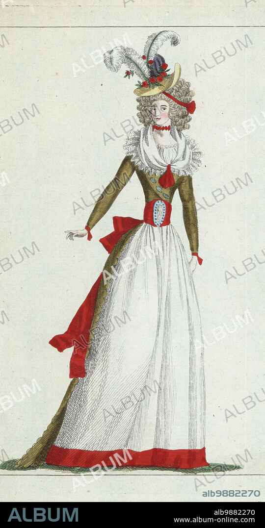 Woman in straw bonnet decorated with pomegranate flowers, aigrette and cockade, hair in ringlets, red ribbon choker, lace gauze fichu, lace tucker, silk gown in colour of dead leaves, nakara belt, white petticoat. Handcoloured copperplate engraving from Jean-Antoine le Brun or Lebrun-Tossas Journal de la Mode et du Gout, previously Cabinet des Modes, Chez Buisson, Paris, and Joseph le Boffe, London, 26me Cahier, 5 November 1790.