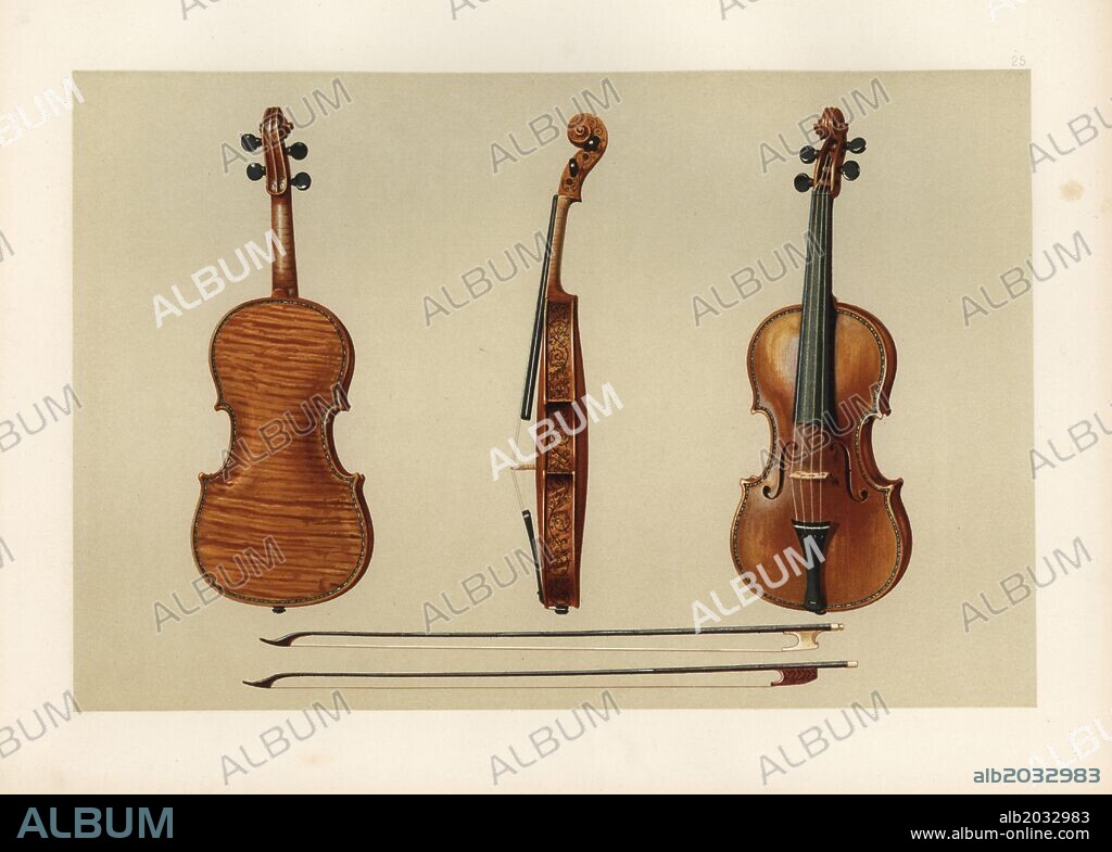 The violin bought by Sir Samuel Hellier in 1679 from the maker Antonius Stradivarius himself. Two old bows noted for their fluting beneath. Chromolithograph from an illustration by William Gibb from A.J. Hipkins' "Musical Instruments, Historic, Rare and Unique," Adam and Charles Black, Edinburgh, 1888. Alfred James Hipkins (1826-1903) was an English musicologist who specialized in the history of the pianoforte and other instruments. William Gibb was a master illustrator and chromolithographer and illustrated "The Royal House of Stuart" (1890), "Naval and Military Trophies" (1896), and others.
