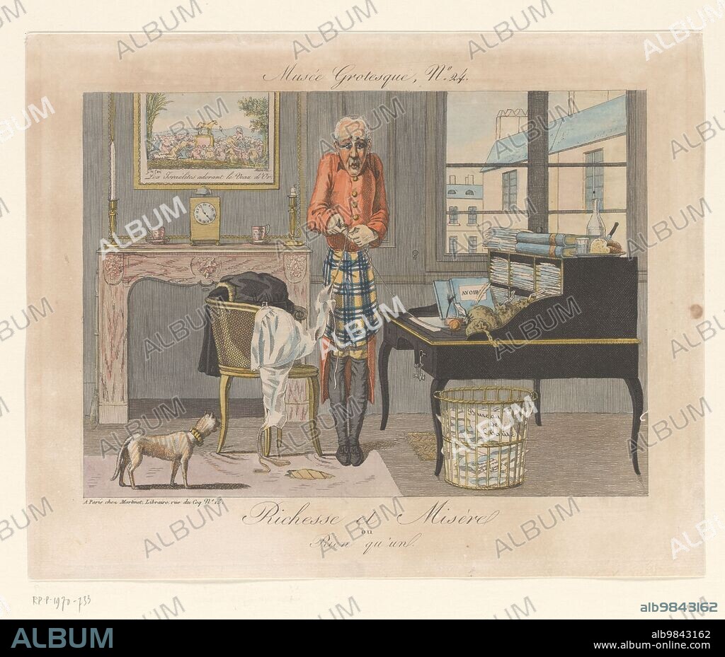 LOUIS MALOEUVRE. Richesse et misère ou rien qu'un, 1818. (Wealth and Misery or Nothing but One). A thin man stands holding a thread; is he repairing his shirt which hangs on the chair? A framed print of the worship of the Golden Calf hangs above the mantelpiece. On the desk is a pile of money bags, ledgers and papers, and a plate with a loaf of bread and a bottle of water. The man is rich, but he and his cat don't seem to have much food. From the Musée Grotesque series.
