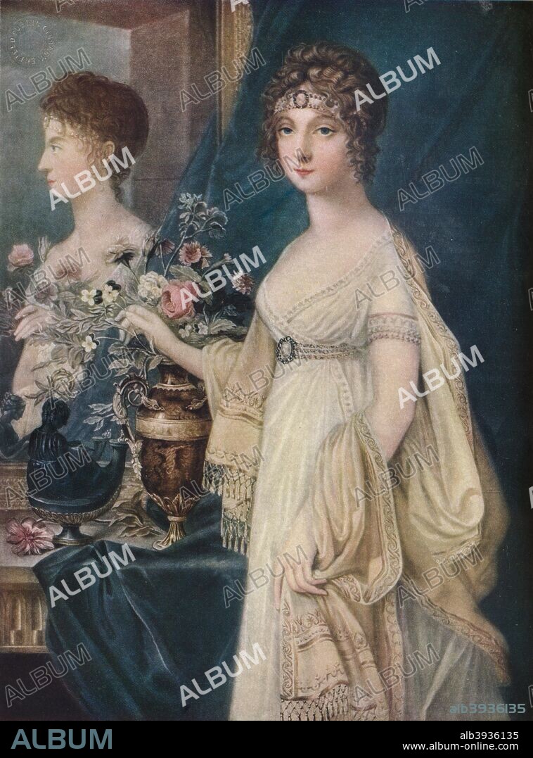 Elizabeth, Consort of Alexander I, 1917. Louise of Baden (1779-1826) was, as Elizabeth Alexeievna, Empress of Russia during her marriage with Emperor Alexander I. After Jean-Laurent Mosnier (1743-1808). From The Connoisseur Vol XLVIII [Otto Limited, London, 1917.].