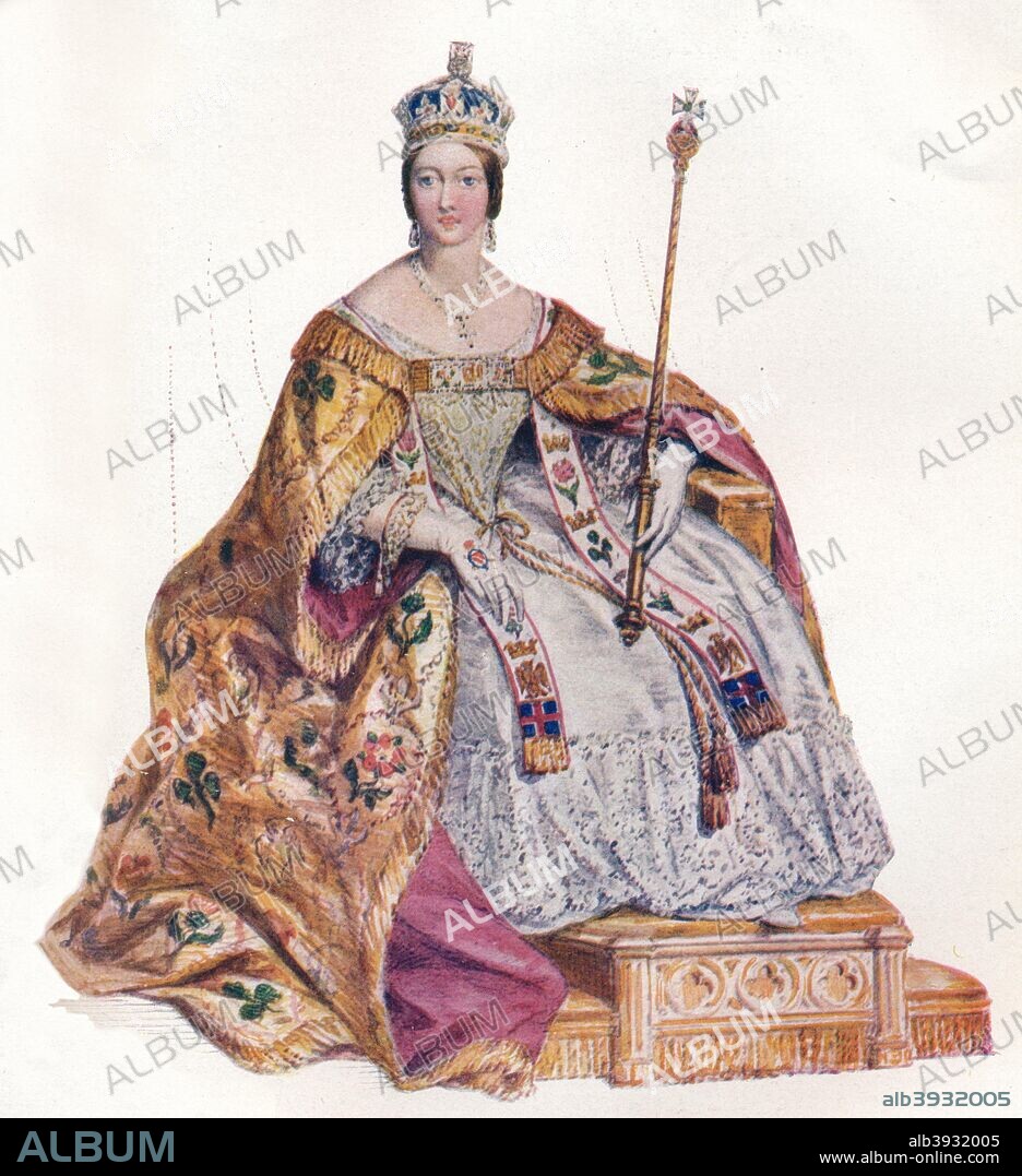Alexandrina Victoria Queen of England, 1838. Queen Victoria (1819-1901) on the throne in her coronation robes wearing the crown and holding the sceptre. She became Queen in 1837 and Empress of India in 1877. From a drawing produced from life on the day of Victoria's coronation, 28th June 1838. From The Connoisseur Vol. IV [Otto Limited, London, 1902.].