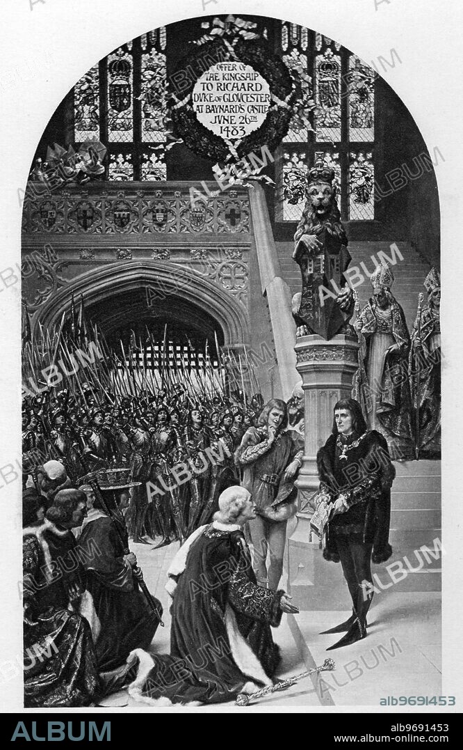 The Crown of England being offered to Richard Duke of Gloucester, at Baynard's Castle, in 1483 - from The Wall Painting by Sigismund Goetes (English Painter, 1866-1939 - also known as Sigismund Christian Hubert Goetze], in the Royal Exchange - 26 June 1483. ©TopFoto.