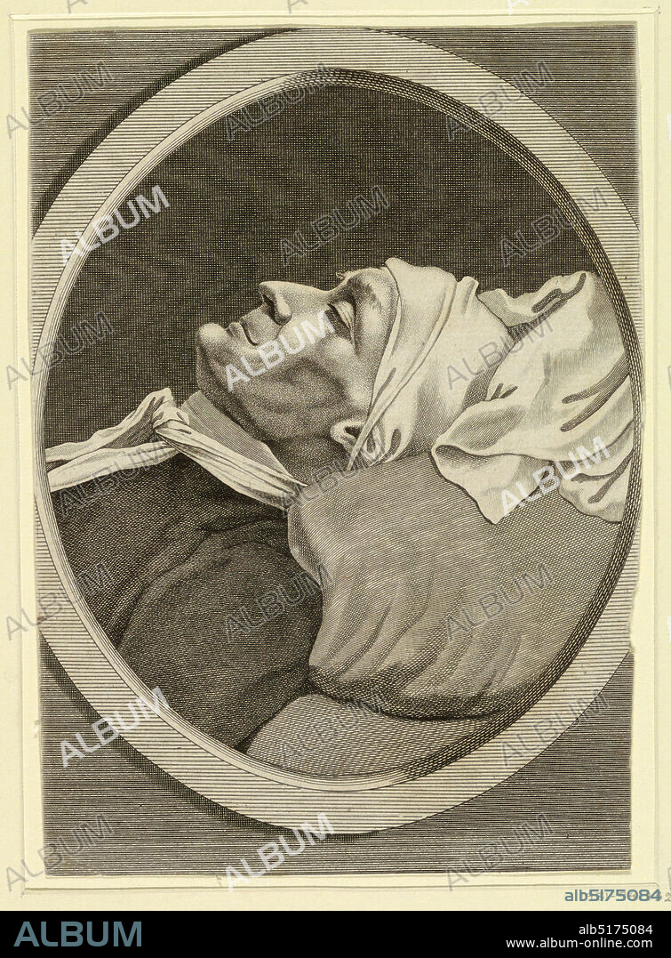 Portrait of Jean-Paul Marat (1743-1793), Jean Paul Marat, French, 1743 - 1793, Line and stipple engraving on paper, Portrait bust shown in lying position. Head at right in side view. Marat's head covered with a scarf of which a part is on the pillow. He is wearing a dark coat with a white narrow scarf. The portrait is encircled by an oval frame inserted into a rectangular shaded field., France, ca. 1793-1803, Print, Print.