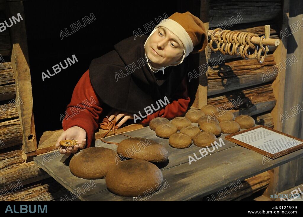 History of Sweden. Middle Ages. Interior of a bakery. Medieval Museum. Stockholm. Sweden.