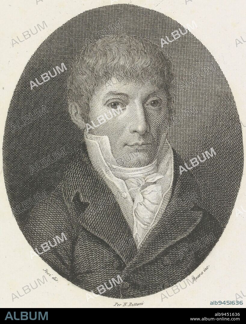 Portrait of writer Melchiorre Gioia Portraits of famous Italians in ovals , print maker: Boara, (mentioned on object), intermediary draughtsman: Jesi, (mentioned on object), publisher: Niccolò Bettoni, (mentioned on object), Italy, 1800 - 1899, paper, engraving, h 325 mm - w 230 mm.