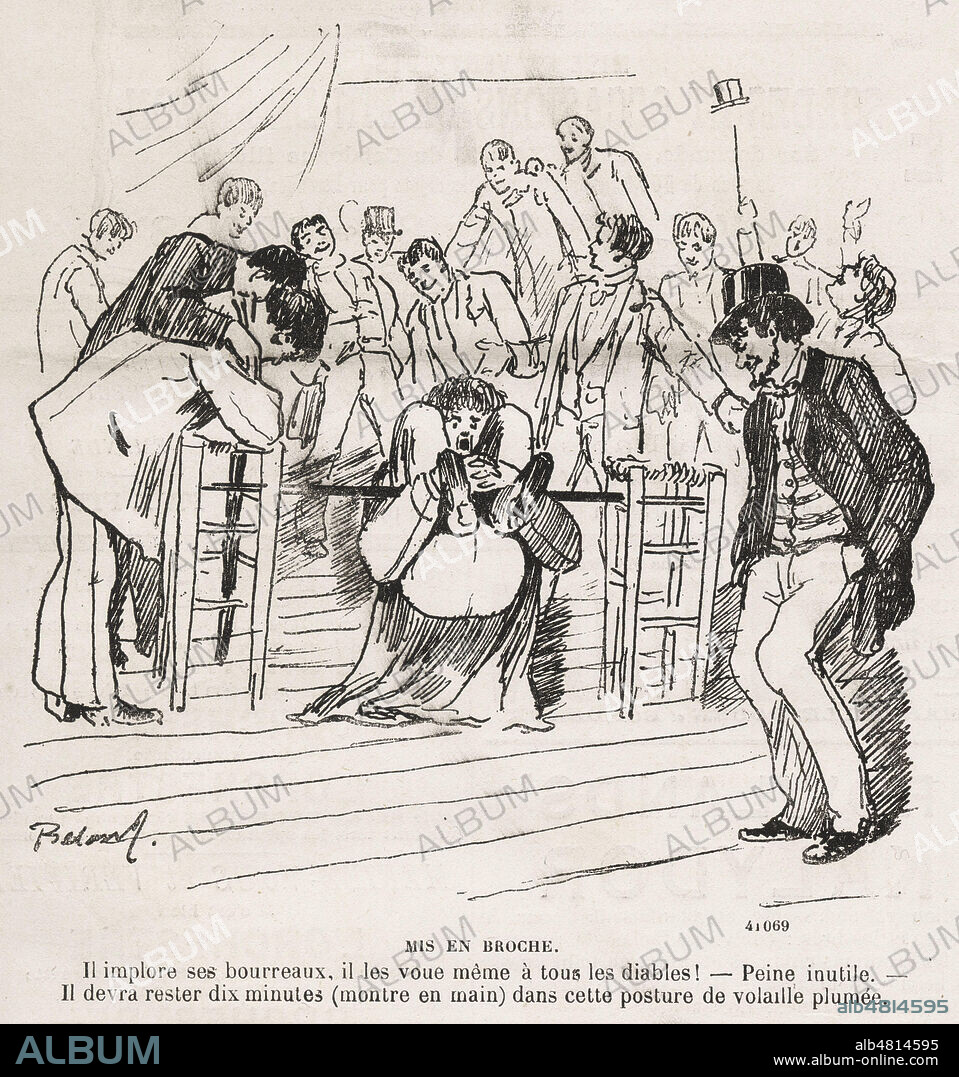 Le nouvel etudiant est mis en broche pendant 10 minutes). Caricature de Jose BELON (1861-1927) pour Une reception a l'Ecole des Beaux-Arts tiree de Le Journal amusant du 15 decembre 1883. Credit : Collection Kharbine-Tapabor.