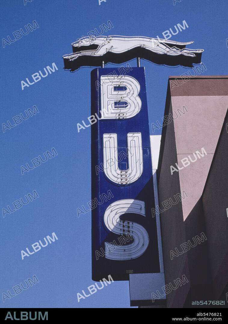 1990s America -  Greyhound Bus sign, Gabilan Street, Salinas, California 1991.