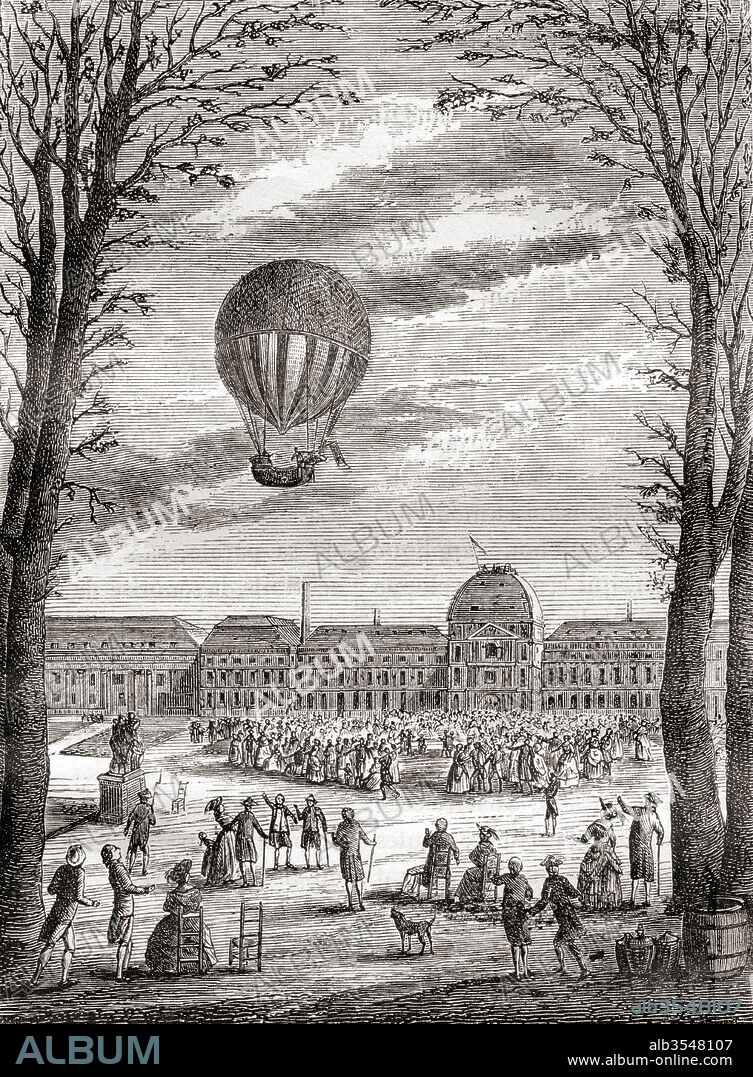 The world's first manned hydrogen balloon flight over the Champs de Mars, Paris, France in 1 December 1783, piloted by Nicolas-Louis Robert and professor Jacques Charles. From Les Merveilles de la Science, published c.1870.