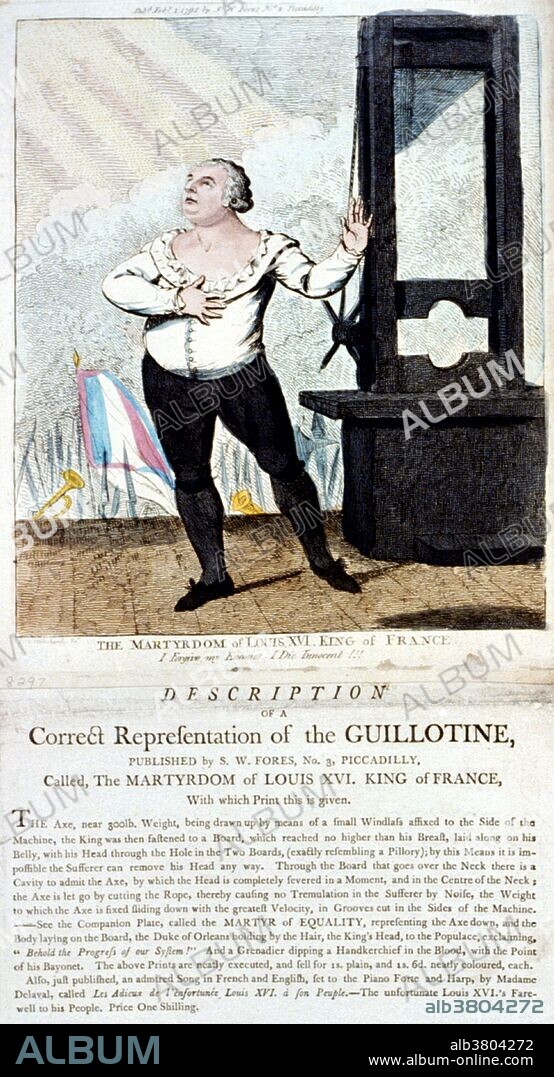 Entitled: "The martyrdom of Louis XVI, King of France - I forgive my enemies, I die innocent!!!" Shows Louis XVI standing, with a dramatic pose, next to a guillotine. Louis XVI (August 23, 1754 - January 21, 1793) was King of France from 1774, when he was not yet 20 years old, until his deposition in 1792. The government was deeply in debt and resentment to "despotic" monarchy was on the rise. The success of the American Revolution and the financial crisis occurring in France during his reign were contributing factors to the French Revolution, which abolished the absolute monarchy in France and proclaimed a constitutional monarchy in 1791. Louis XVI enjoyed popularity among the masses, but his indecisiveness and conservatism led some to view him as a symbol of the perceived tyranny of the Ancien RÃ©gime. Suspended and arrested as part of the insurrection of 1792, he was tried by the National Convention, found guilty of high treason, and executed by guillotine on January 21, 1793 as a desacralized French citizen known as "Citizen Louis Capet", bringing to an end more than a thousand years of French monarchy. Louis XVI is the only King of France ever to be executed. Hand-colored etching by Isaac Cruikshank, 1793.