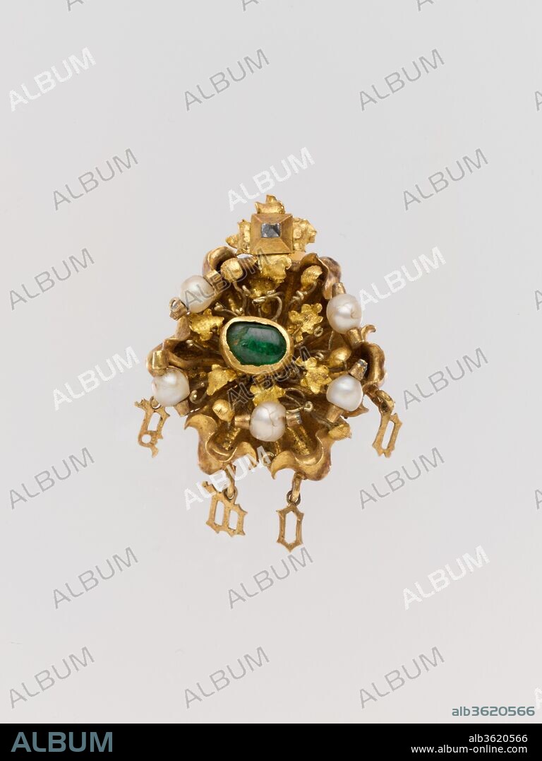 Cluster Brooch with Letters Spelling "Amor". Culture: French. Dimensions: Overall: 1 1/8 x 15/16 x 9/16 in. (2.9 x 2.4 x 1.4 cm). Date: mid-15th century.
This gold cluster jewel includes the Latin word amor (love) in delicate gold letters. It could have been worn either as a pendant or a brooch, and in portraits of young women many similar jewels are seen in their hair or at the shoulder or neck. Expensive jewelry played an important role in betrothal and marriage, and the groom gave brooches to the bride as tokens of love. In 1447, for example, Marco Parenti gave his betrothed, Caterina Strozzi, a golden brooch with two sapphires and three pearls to be worn on her shoulder.