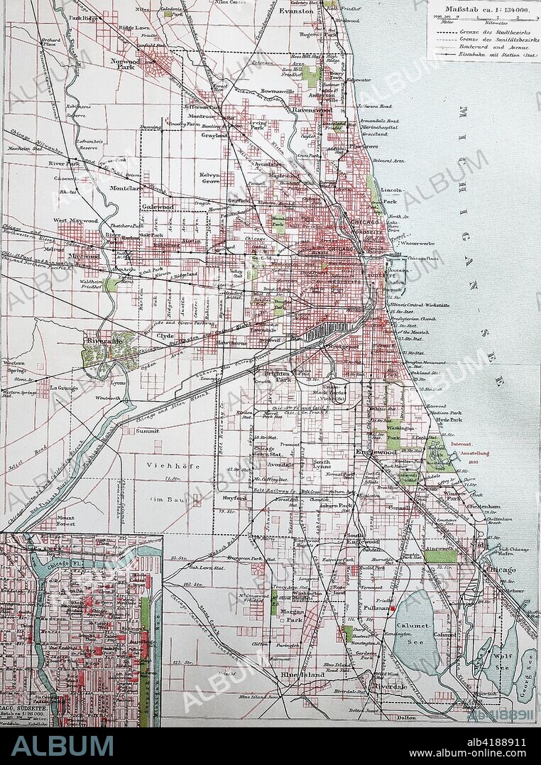 Stadtplan von Chicago, 1895, city map of Chicago, America, digital improved reproduction of an original print from the year 1895.
