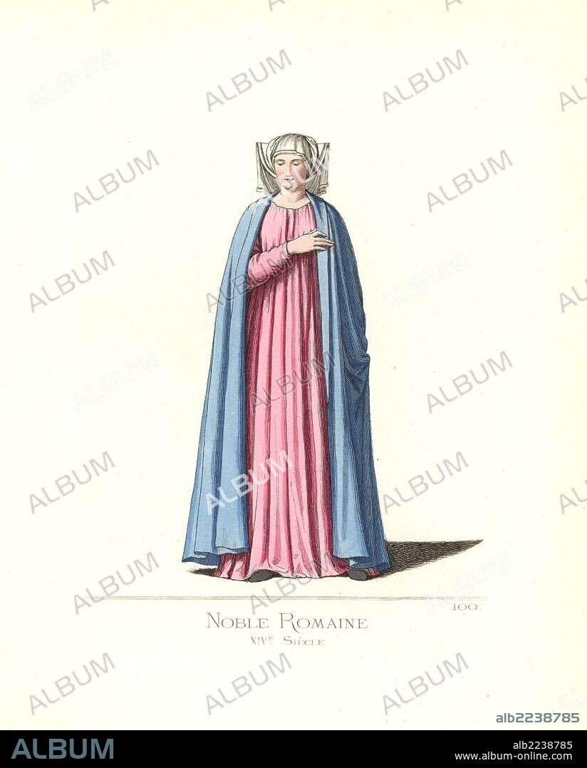 Costume of a noble woman of Rome, 14th century. She wears a white veil, a sky blue cape and a simple dress in pale violet. From a sepulchral stone to the wife of Luca Sevelli, in the Basilica of Saint Sabina, Rome, dated 1390. Handcoloured illustration drawn and lithographed by Paul Mercuri with text by Camille Bonnard from "Historical Costumes from the 12th to 15th Centuries," Levy Fils, Paris, 1861.