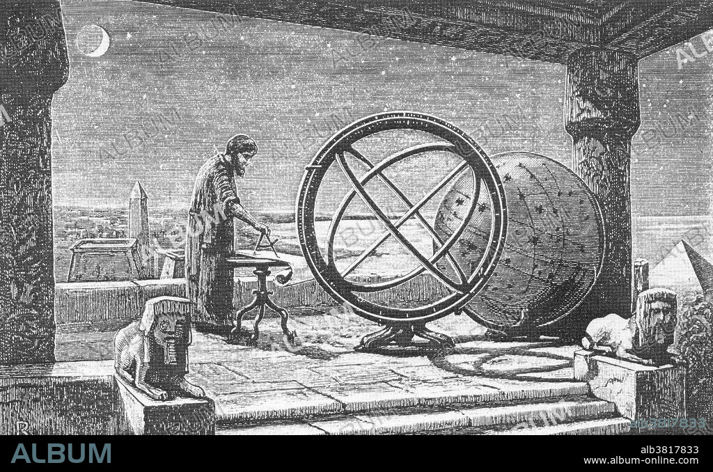 Hipparchus in his observatory in Alexandria. In the center is an armillary sphere (spherical framework of rings, centered on Earth, that represent lines of celestial longitude and latitude and other astronomically important features such as the ecliptic). Hipparchus (190-120 BC), was a Greek astronomer, geographer, and mathematician of the Hellenistic period. A methodical observer, Hipparchus compiled the first known star catalogue, listing some 850 stars, as well as their celestial coordinates and magnitude. His work profoundly influenced that of Ptolemy. He is considered the founder of trigonometry. Hipparchus is considered the greatest ancient astronomical observer. He was the first whose quantitative and accurate models for the motion of the Sun and Moon survive. He developed trigonometry and constructed trigonometric tables, and he solved several problems of spherical trigonometry. With his solar and lunar theories and his trigonometry, he may have been the first to develop a reliable method to predict solar eclipses. His other reputed achievements include the discovery of Earth's precession (precession of the equinoxes is a slow motion of the place of the equinoxes through the zodiac, caused by the shifting of the Earth's axis) and possibly the invention of the astrolabe and the armillary sphere.