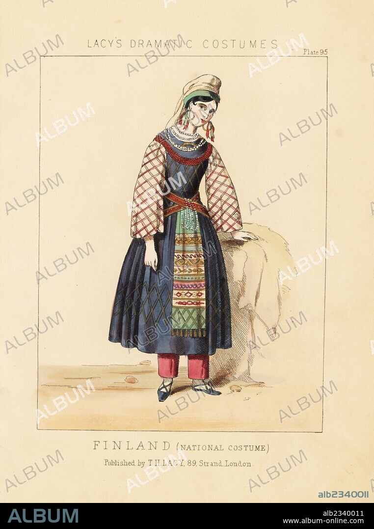 Finnish girl in national costume, 19th century. Handcoloured lithograph from Thomas Hailes Lacy's "Female Costumes Historical, National and Dramatic in 200 Plates," London, 1865. Lacy (1809-1873) was a British actor, playwright, theatrical manager and publisher.