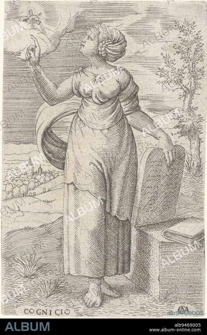 The personification of virtue Wisdom looks up to heaven, where God appears, for divine inspiration. She holds the tablets of the law in her hands and on a stone lies a book. In the background is a landscape with a city, Wisdom Cognicio (title on object) The Virtues (series title), print maker: Cornelis Massijs, (mentioned on object), Cornelis Massijs, Antwerp, c. 1543 - c. 1544, paper, engraving, h 90 mm × w 59 mm.