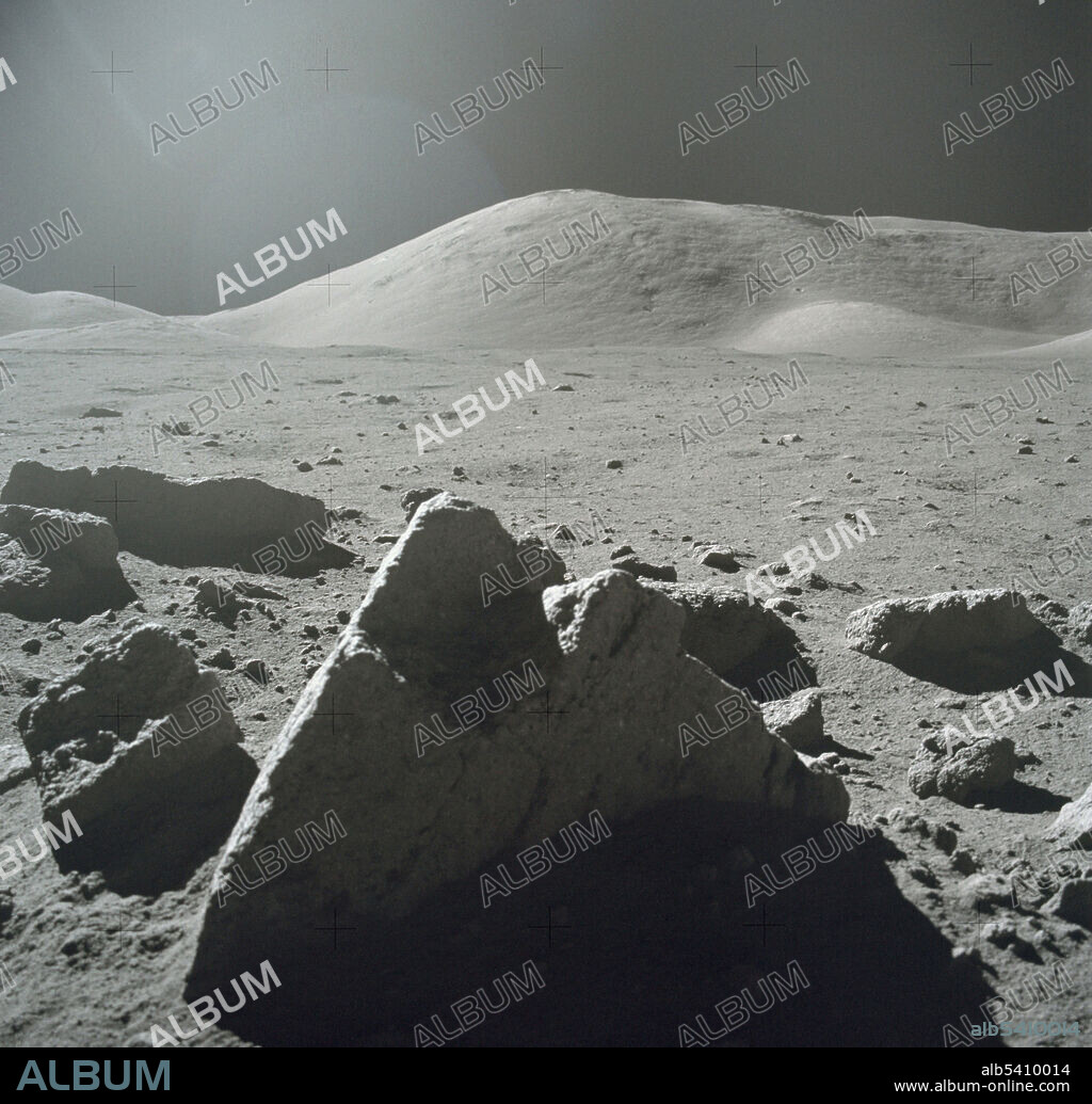 View of the Taurus-Littrow Valley, photographed by Eugene Cernan on December 12, 1972, during the Apollo 17 mission's second moonwalk.  In the distance is East Massif.